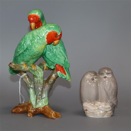 A Copeland Spode model of two love birds and a Royal Copenhagen model of two owls tallest 19cm